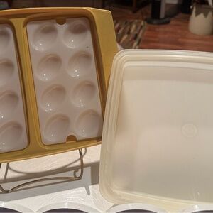 Vintage TUPPERWARE Deviled Egg Holder w/ Egg Trays and Lid Harvest Gold